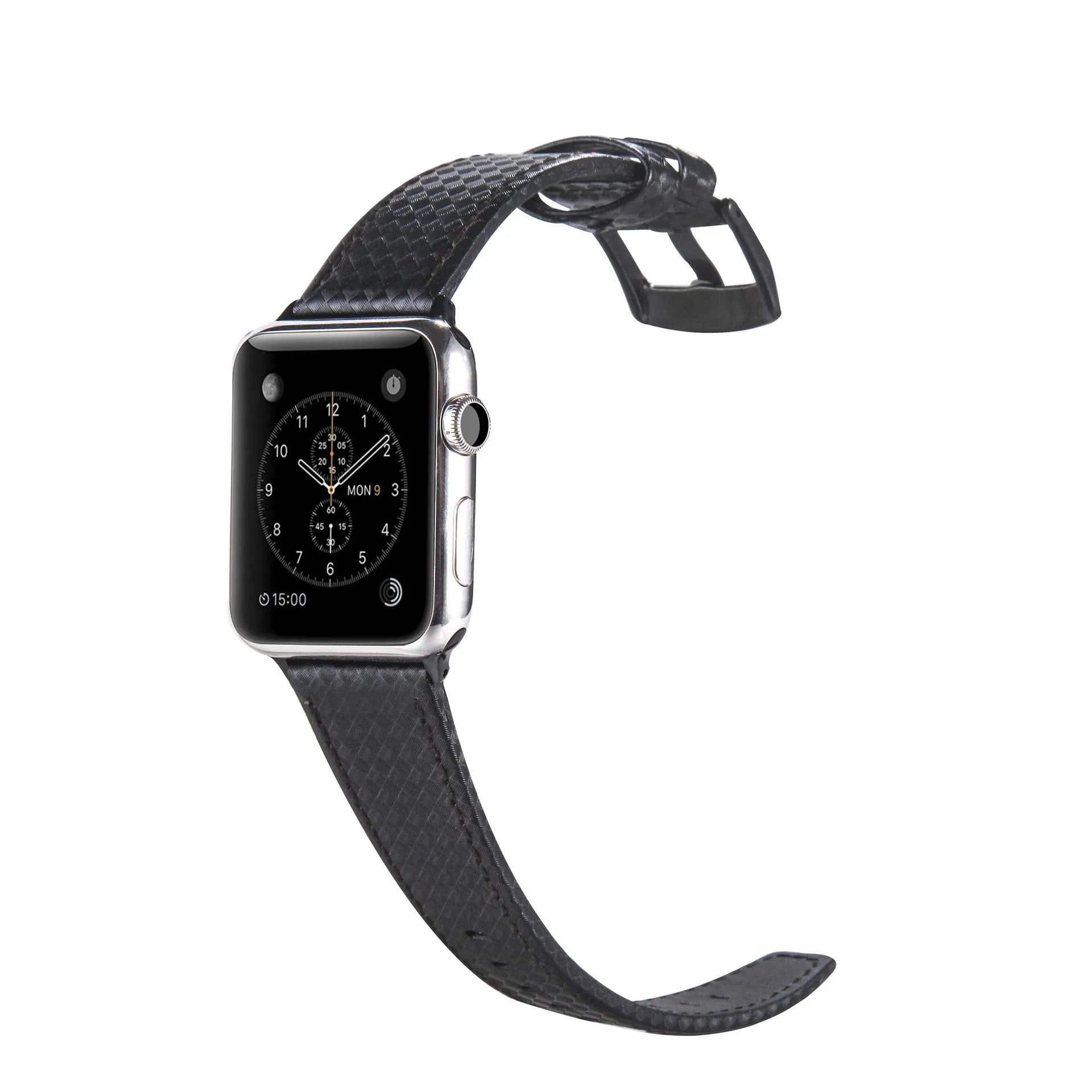 Carbon fibre leather Apple Watch strap showing red, black, orange, and blue line colour options