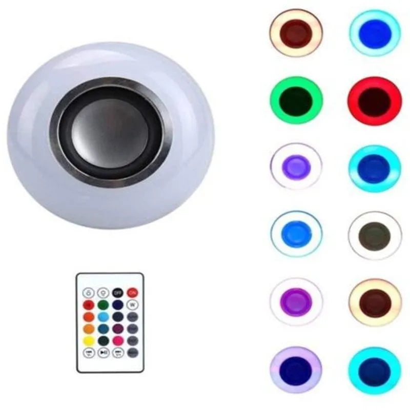White E27 Bluetooth speaker LED bulb with remote control for smart lighting and audio