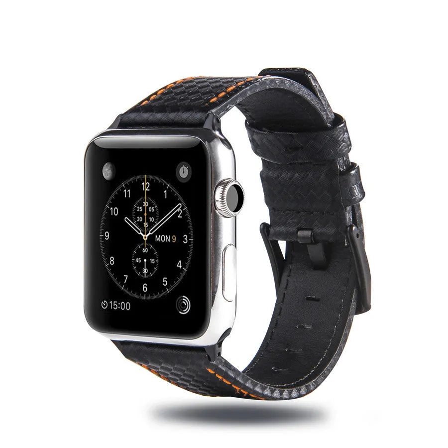 Carbon fibre leather Apple Watch strap showing red, black, orange, and blue line colour options