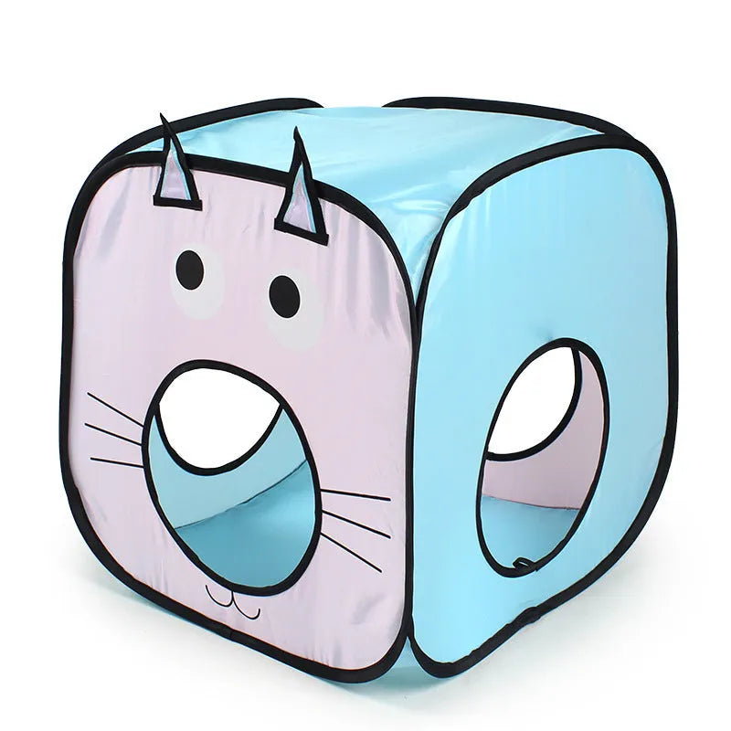 Foldable blue pet tent with cat and fish design for small animals