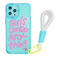 Mint green TPU iPhone case with hand-painted graffiti artwork and attached black lanyard
