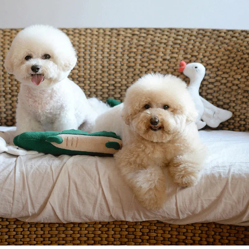 Green plush toy dog soft toy measuring 35cm tall on a white background.
