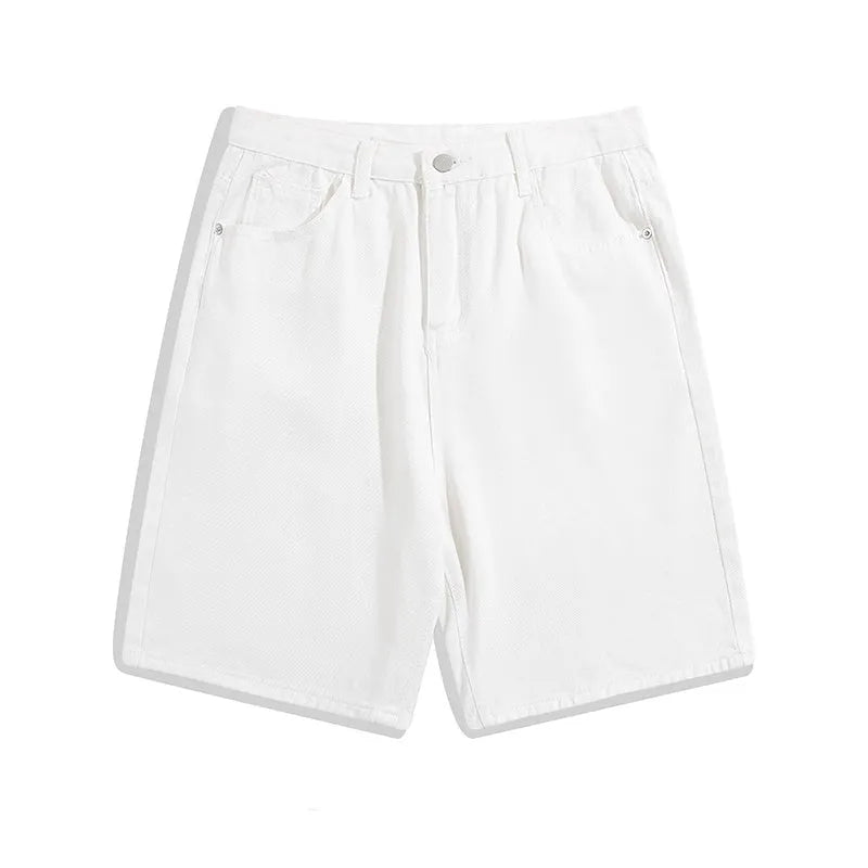 Men's solid colour denim shorts in straight leg cut with mid waist and zipper fly available in black grey blue and white