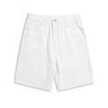 Men's solid colour denim shorts in straight leg cut with mid waist and zipper fly available in black grey blue and white