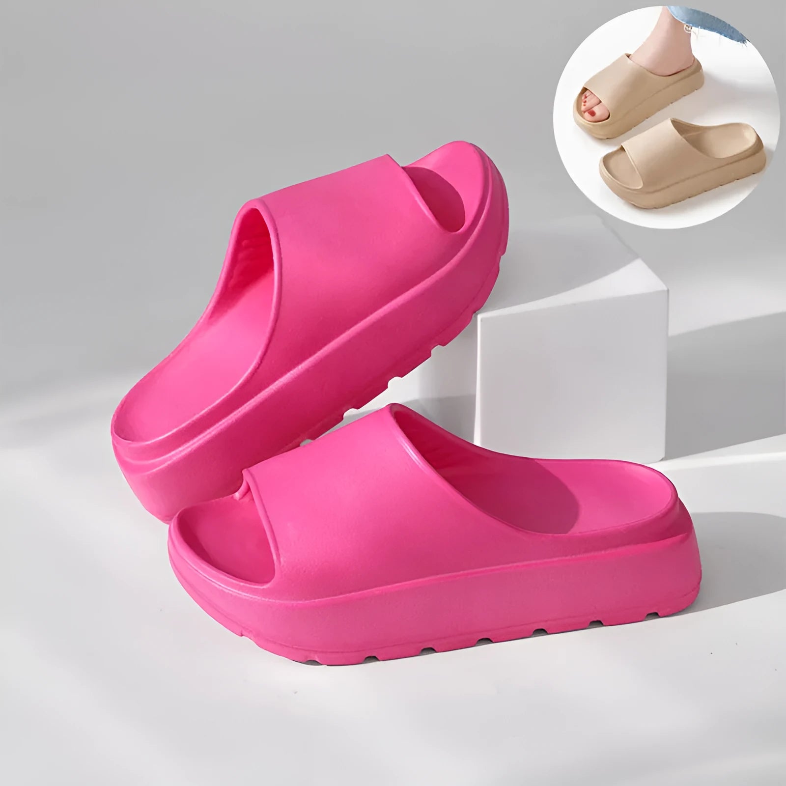 Women's beige fish mouth slippers with a thick 5.5cm sole for beach and bathroom use.