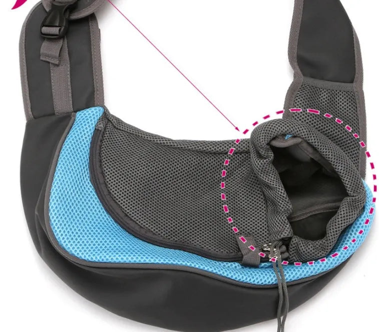 Polyester pet backpack carrier for small dog or cat, shown in blue colour with shoulder straps.