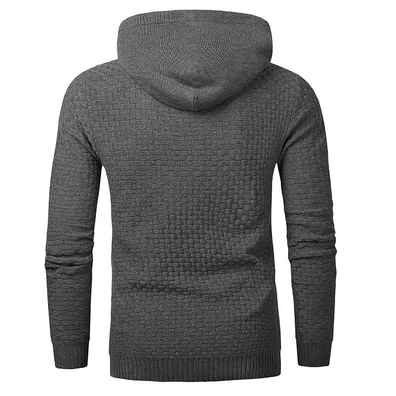 Men's cotton-polyester hoodie on a hanger, available in colours like black, navy blue, red, and khaki.
