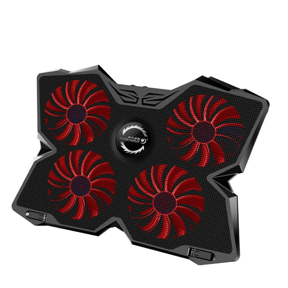 Blue PC cooling base with four LED fans, two USB ports and speed control switches for desktop computer ventilation
