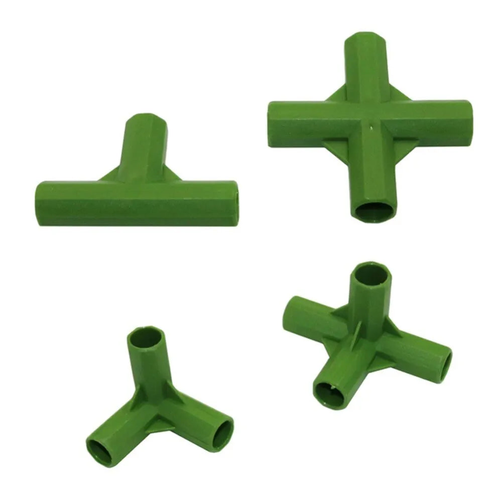 Set of two white PP plastic plant support connectors with three-way and four-way designs for 11mm garden poles.
