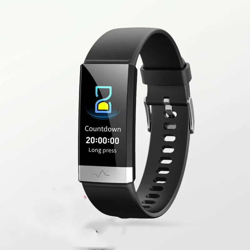 V19 smart health tracker bracelet with colour screen on a wrist, showing ECG graph.