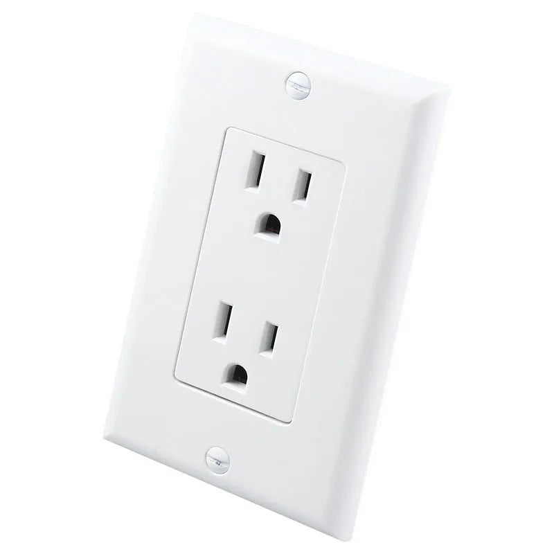 White plug-in LED night light with automatic sensor installed in a wall socket.
