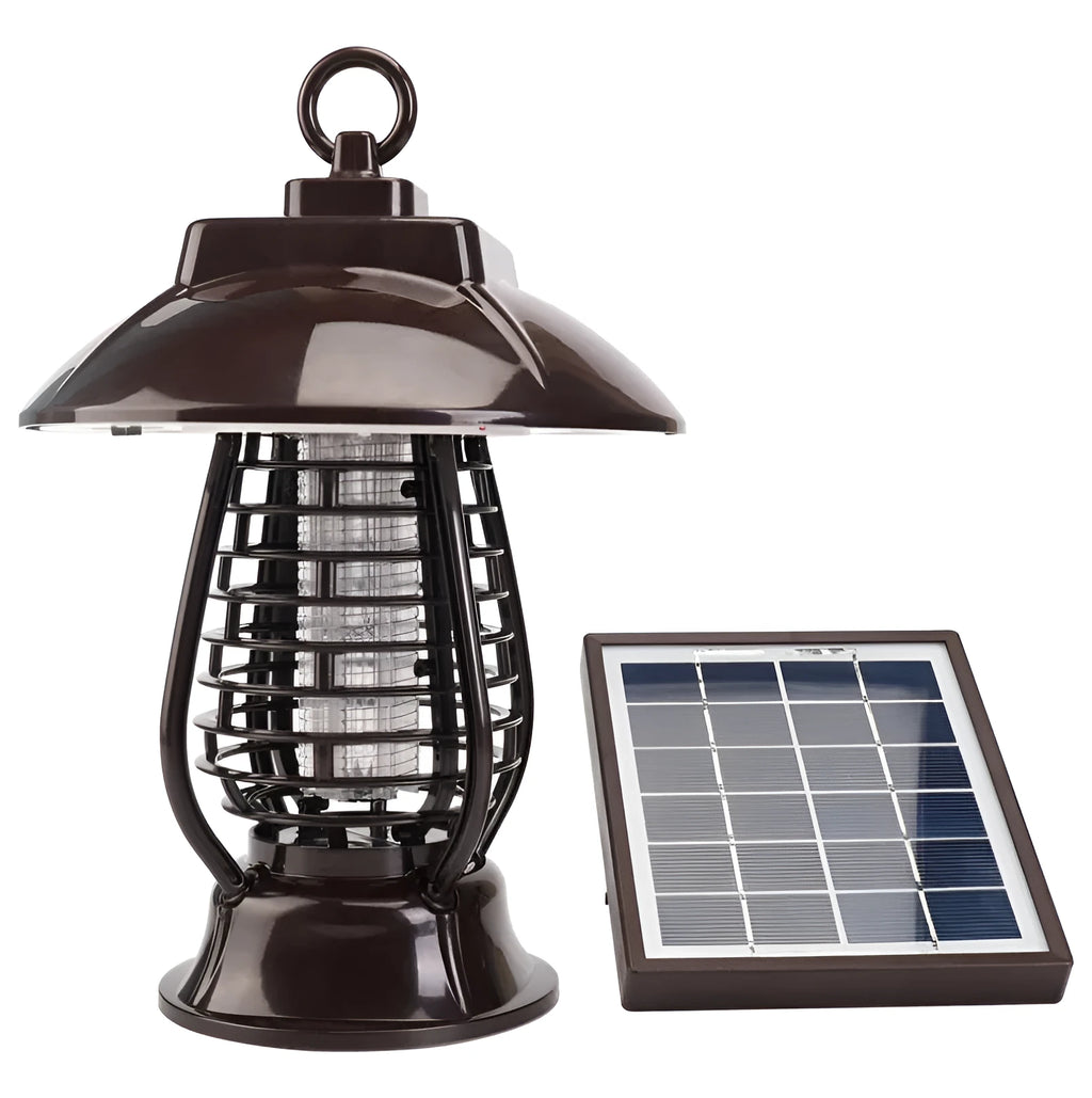 Black solar-powered mosquito lamp with solar panel and LED lights for outdoor insect control