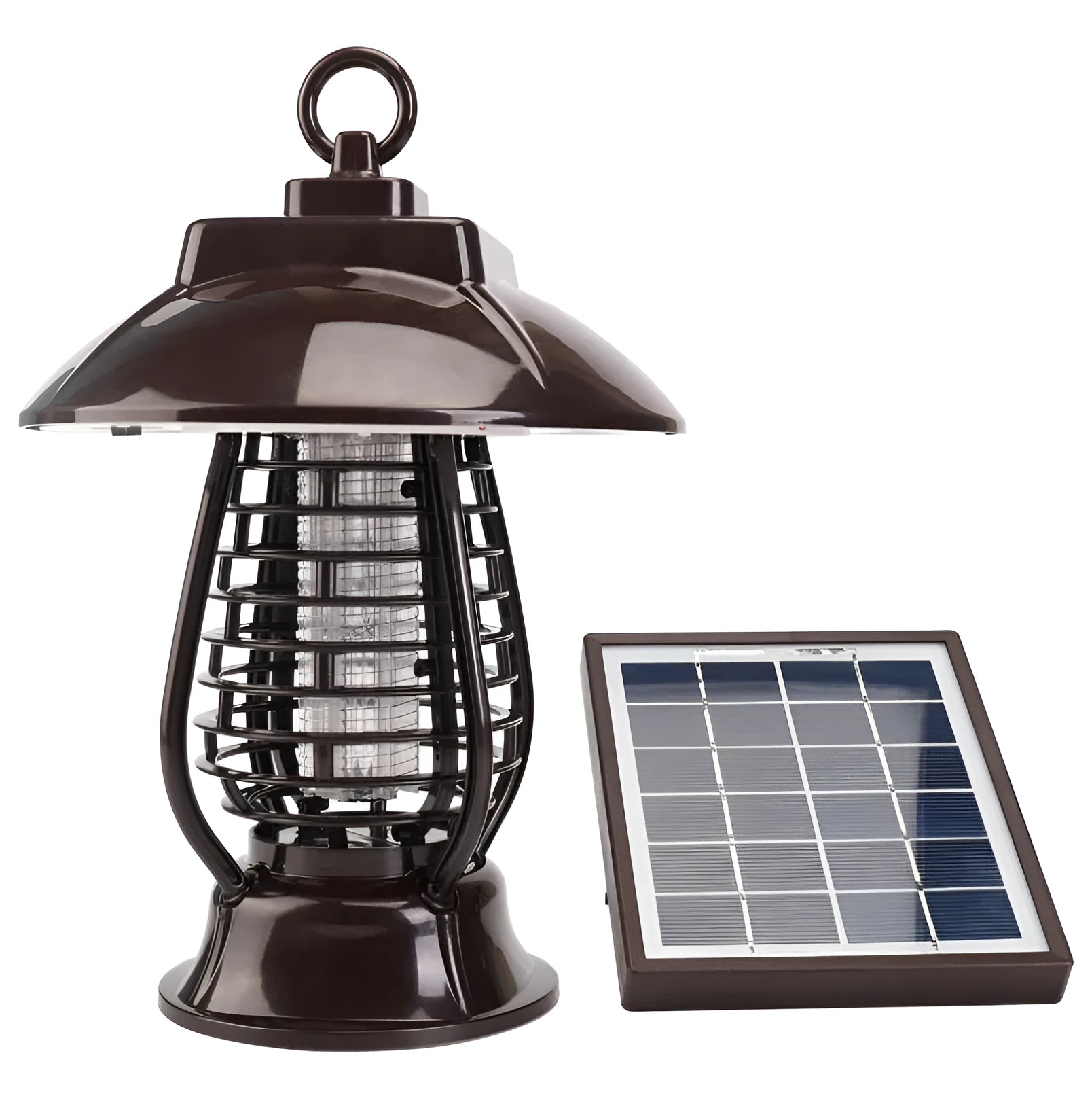 Black solar-powered mosquito lamp with solar panel and LED lights for outdoor insect control