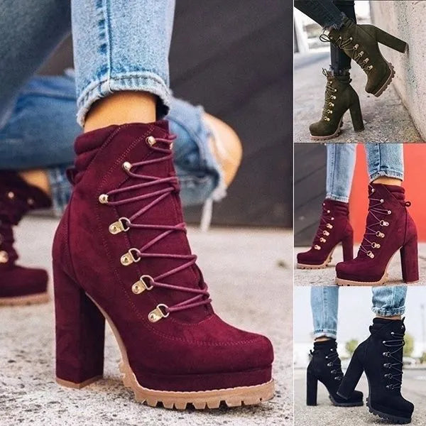 Women's suede ankle boots with thick heels, waterproof platform, and round toe design in multiple colours
