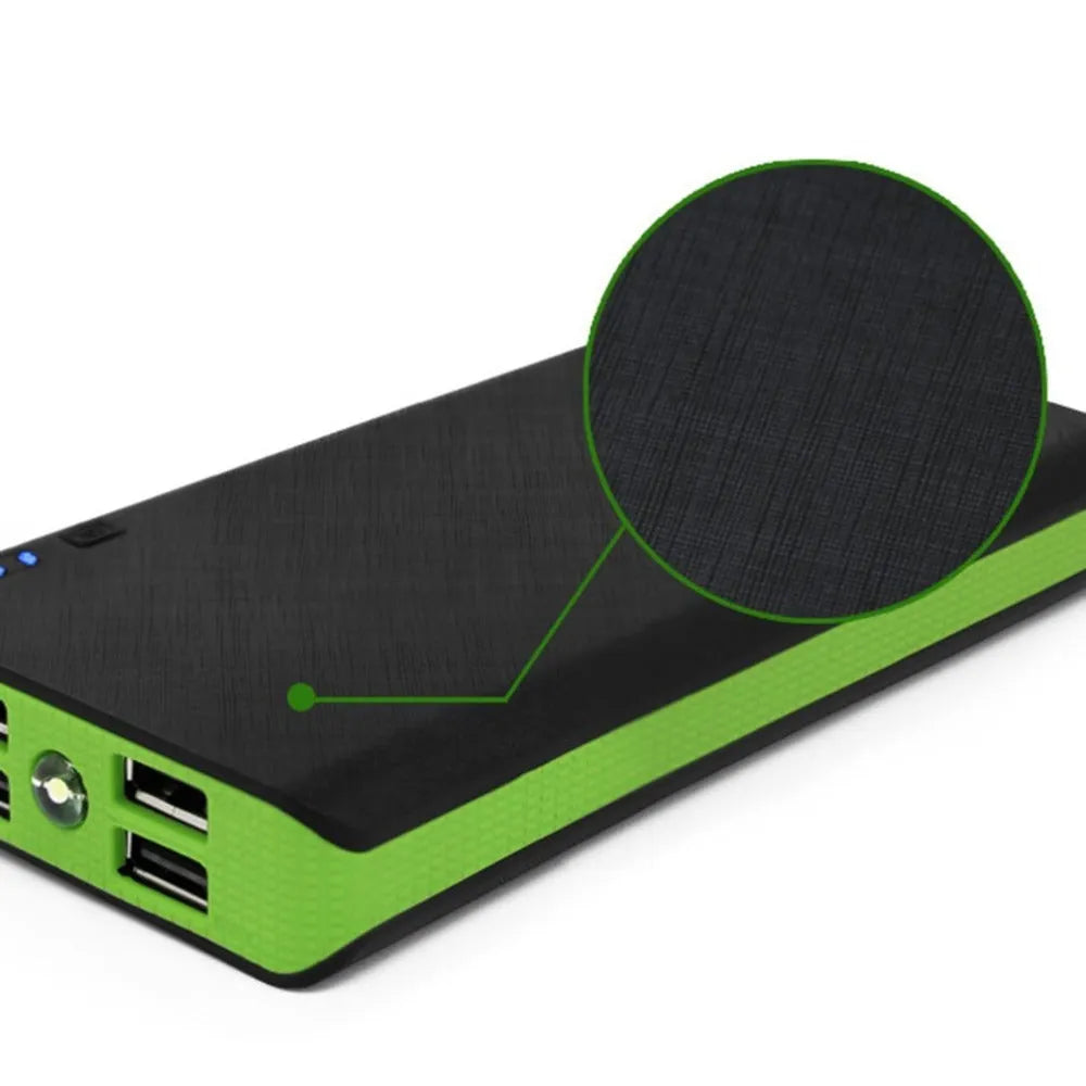 20000mAh portable power bank in red, blue, green, yellow or black colours showing charging ports