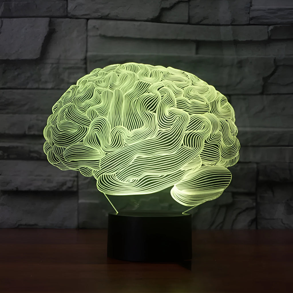 3D acrylic brain sculpture LED desk lamp with colour-changing lights on a black ABS base.