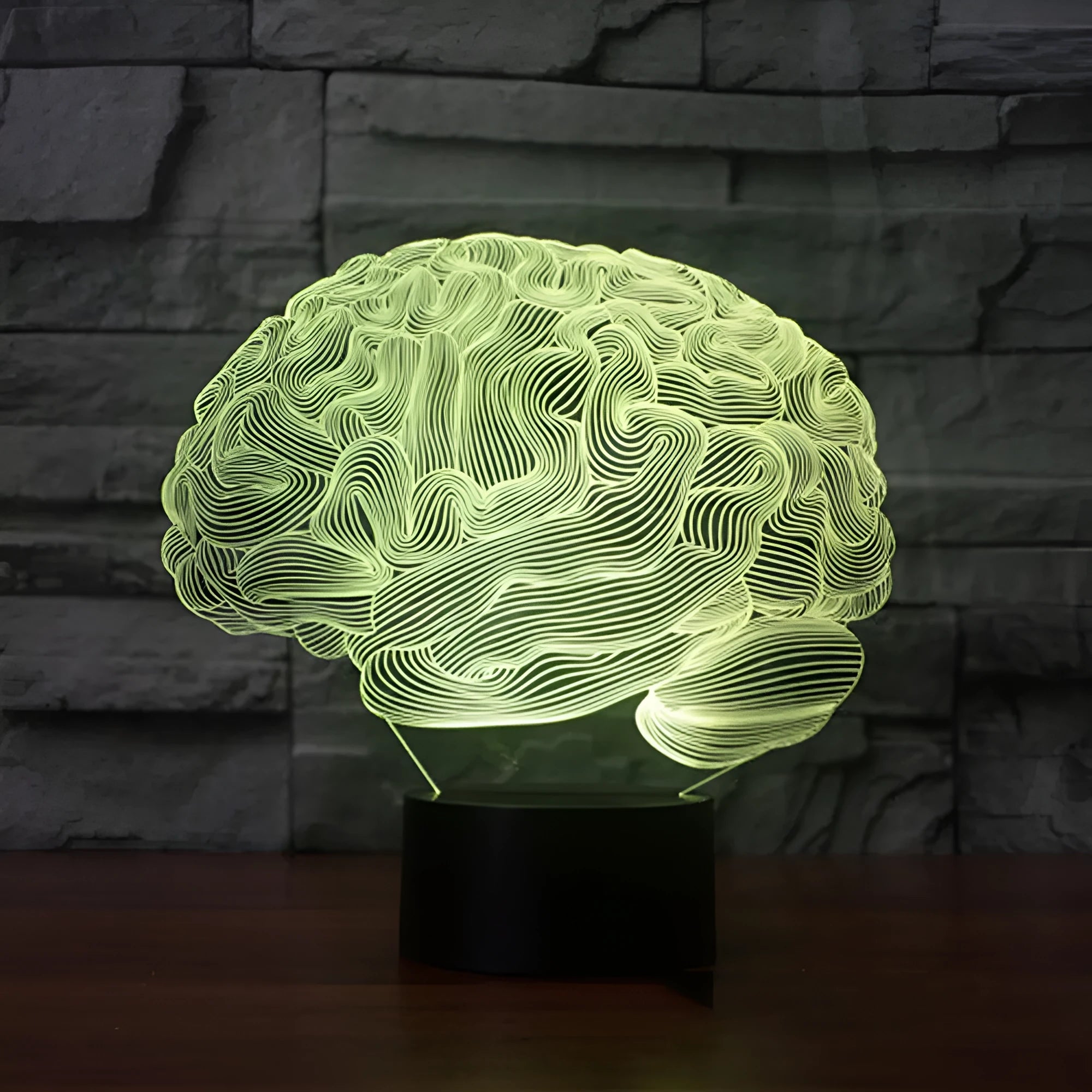 3D acrylic brain sculpture LED desk lamp with colour-changing lights on a black ABS base.