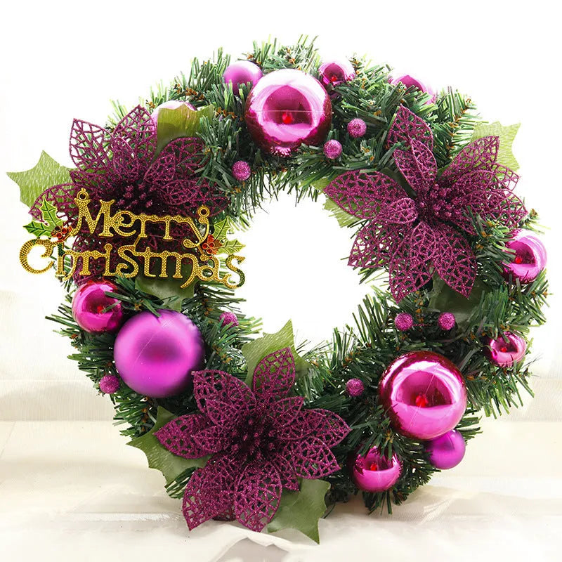 30cm multicolour plastic Christmas wreath hanging on door with blue, gold, pink, purple, red and silver colour options