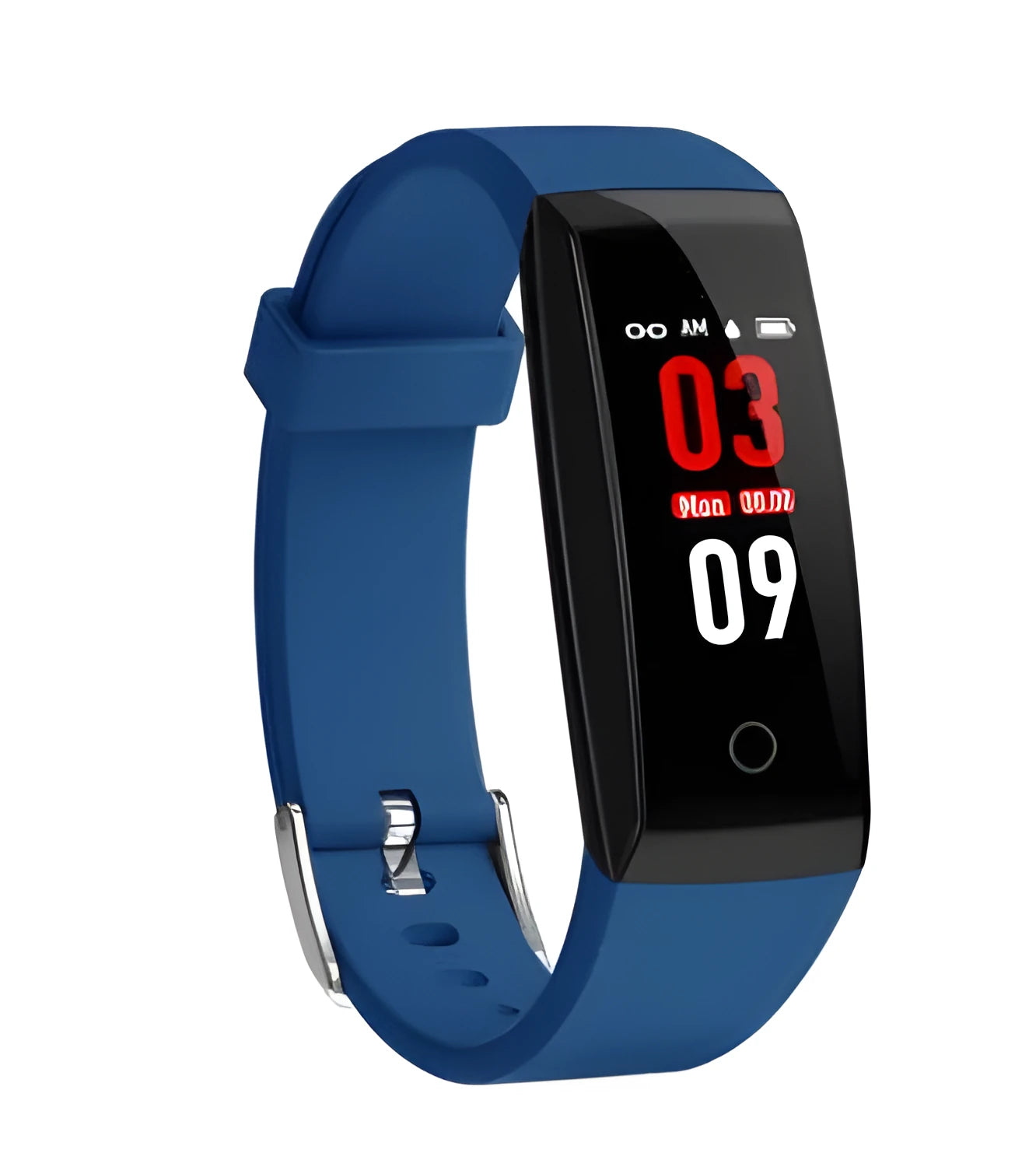 Black colour screen smartwatch fitness tracker on a wrist showing time and activity data.