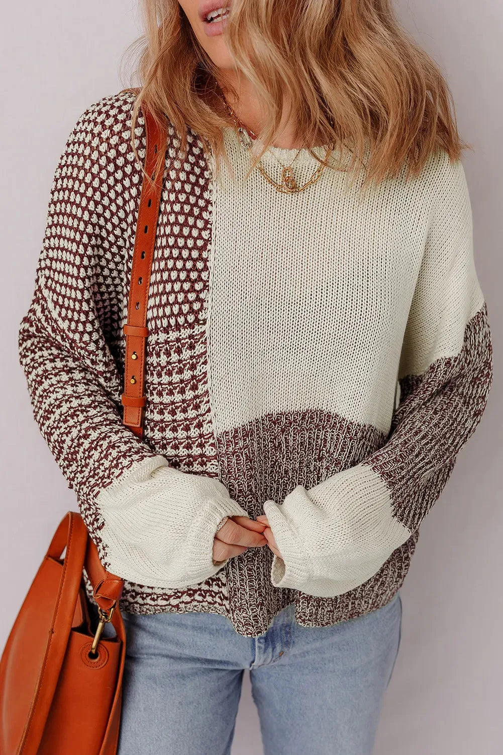 Dark khaki colour block loose sweater with drop shoulders and a back tie fastening.