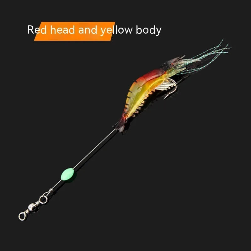 Six soft fishing lures with hooks in different colours including luminous and transparent variations