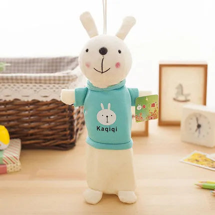 Large soft plush rabbit pencil case in multiple colours, shown with pens inside, dimensions 30cm by 14cm.