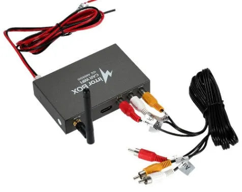 Black car mirror link box converter with cables and antenna for wireless smartphone streaming to car stereo