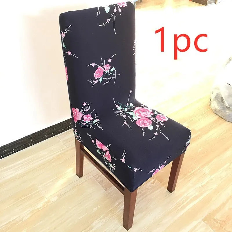 A stretchy spandex chair cover fitted neatly on a four-legged wooden dining chair.