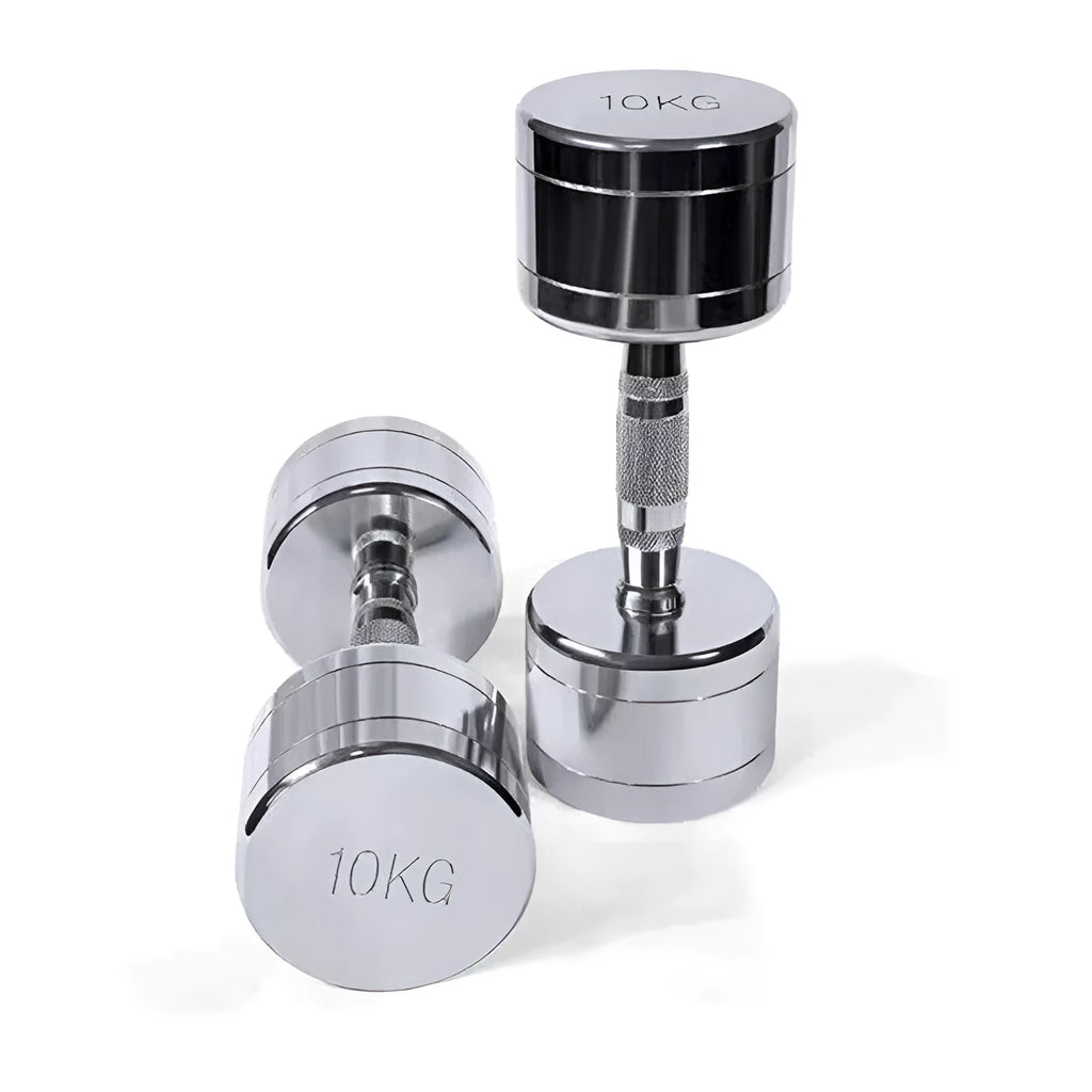 Silver pure steel electroplated dumbbell with ergonomic handle on a grey background.