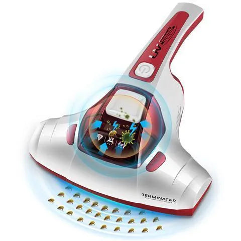 Pink handheld mite vacuum cleaner with nozzle on a mattress.