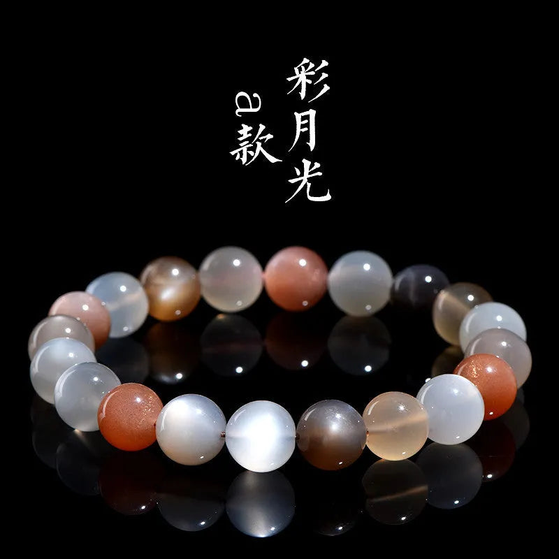 Natural moonstone bracelet with 8mm colourful moon light beads on wrist