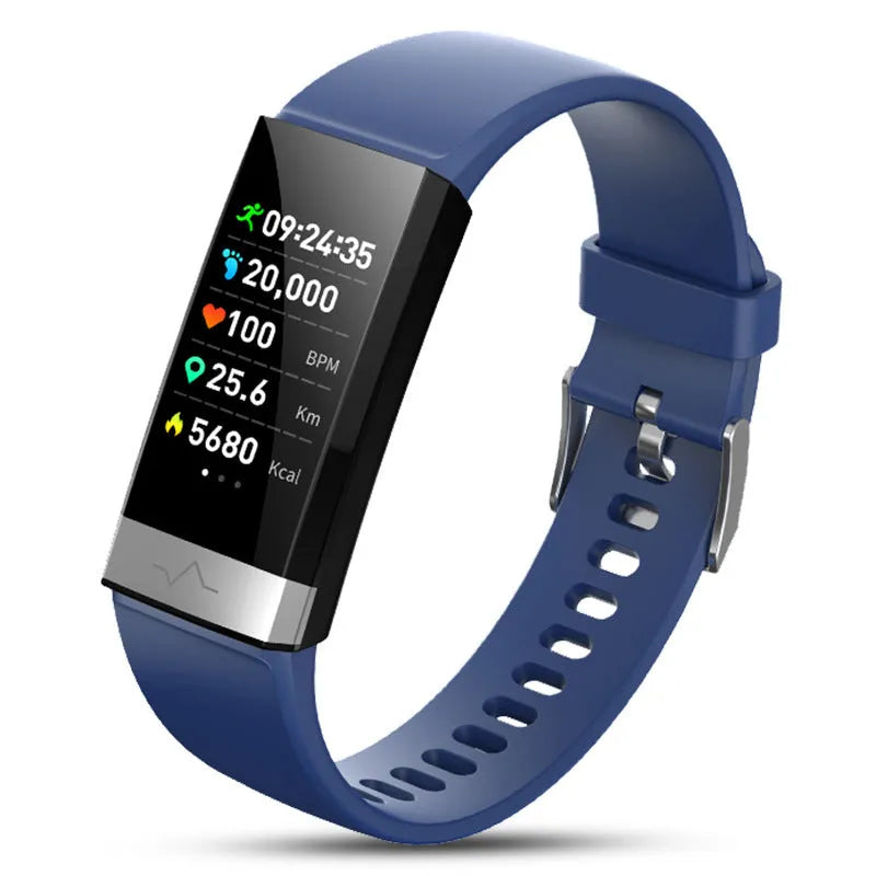 V19 smart health tracker bracelet with colour screen on a wrist, showing ECG graph.