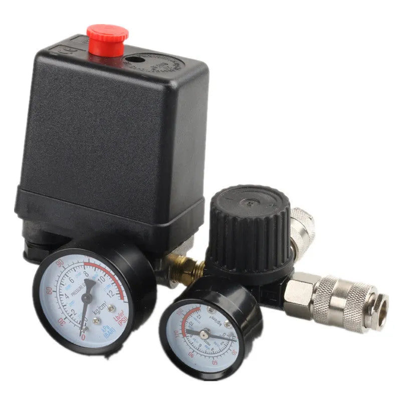 European style air compressor pressure switch with technical specifications printed on housing