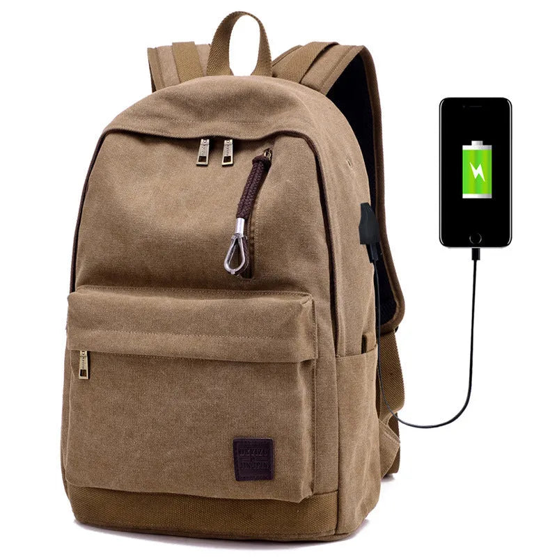 Canvas USB rechargeable backpack with laptop compartment showing multiple storage pockets