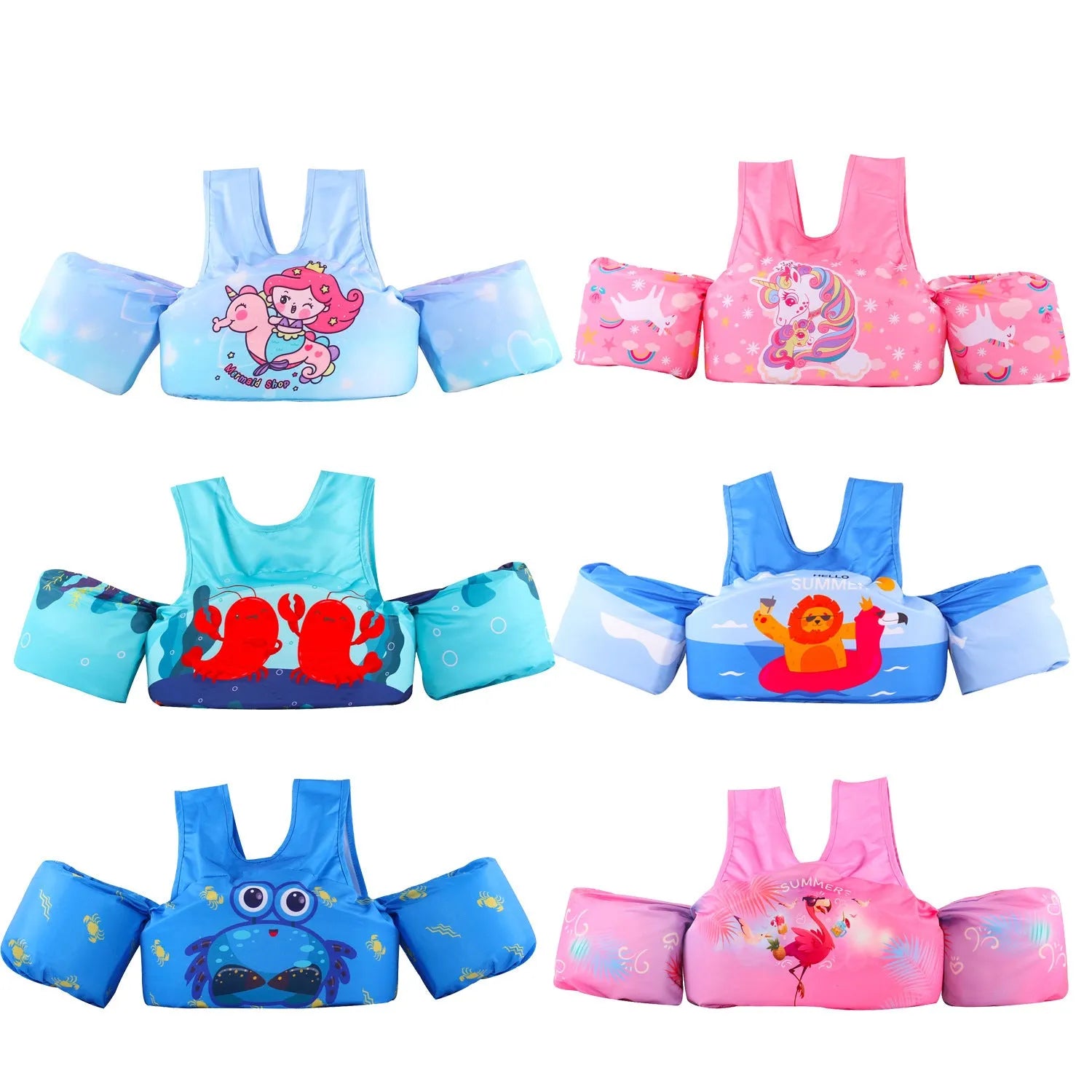 Cartoon children's swimming arm bands with lengthened arm ring design in various patterns including watermelon pineapple and blue crab