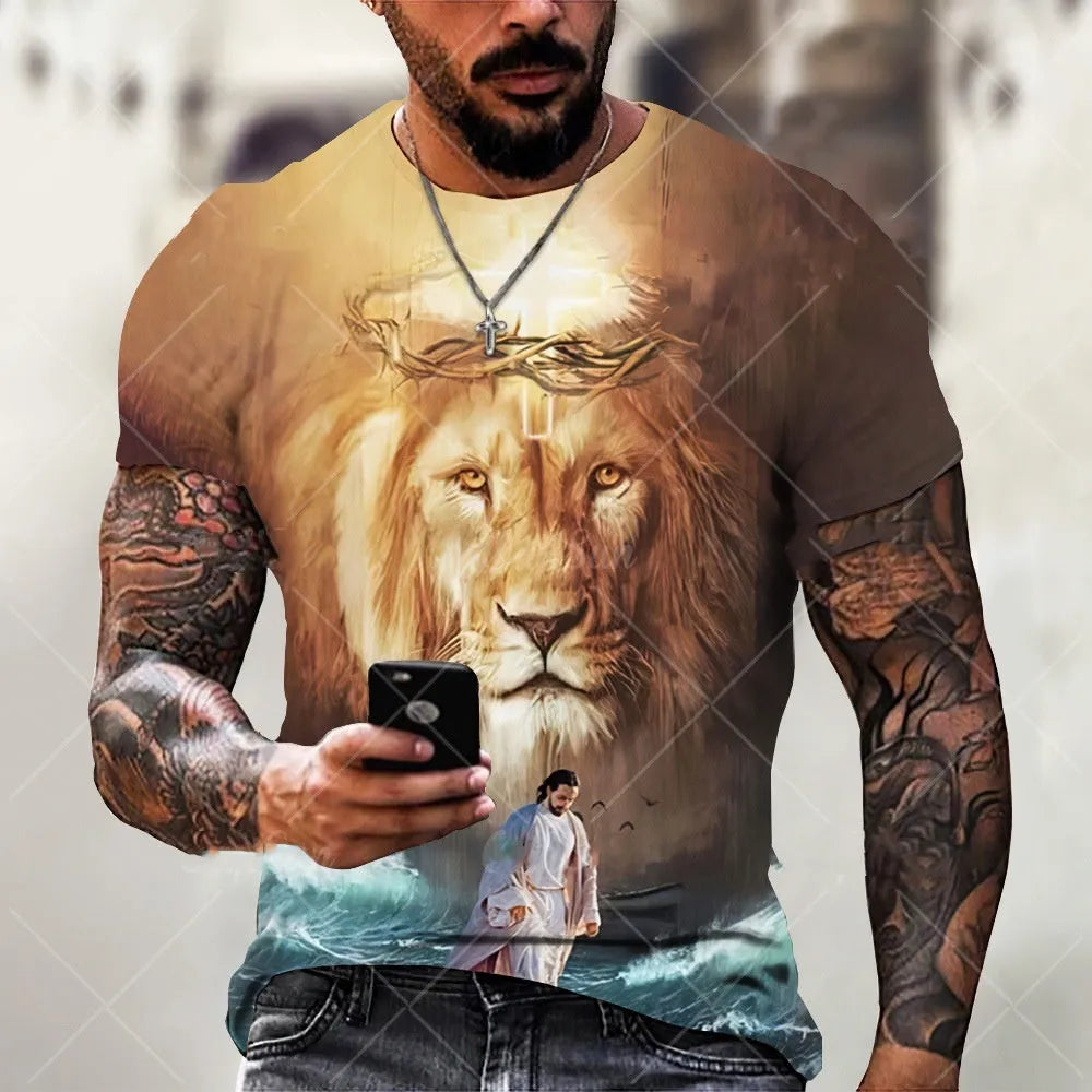 Men's grey T-shirt with a detailed 3D printed Jesus pattern on the front, short sleeve design.