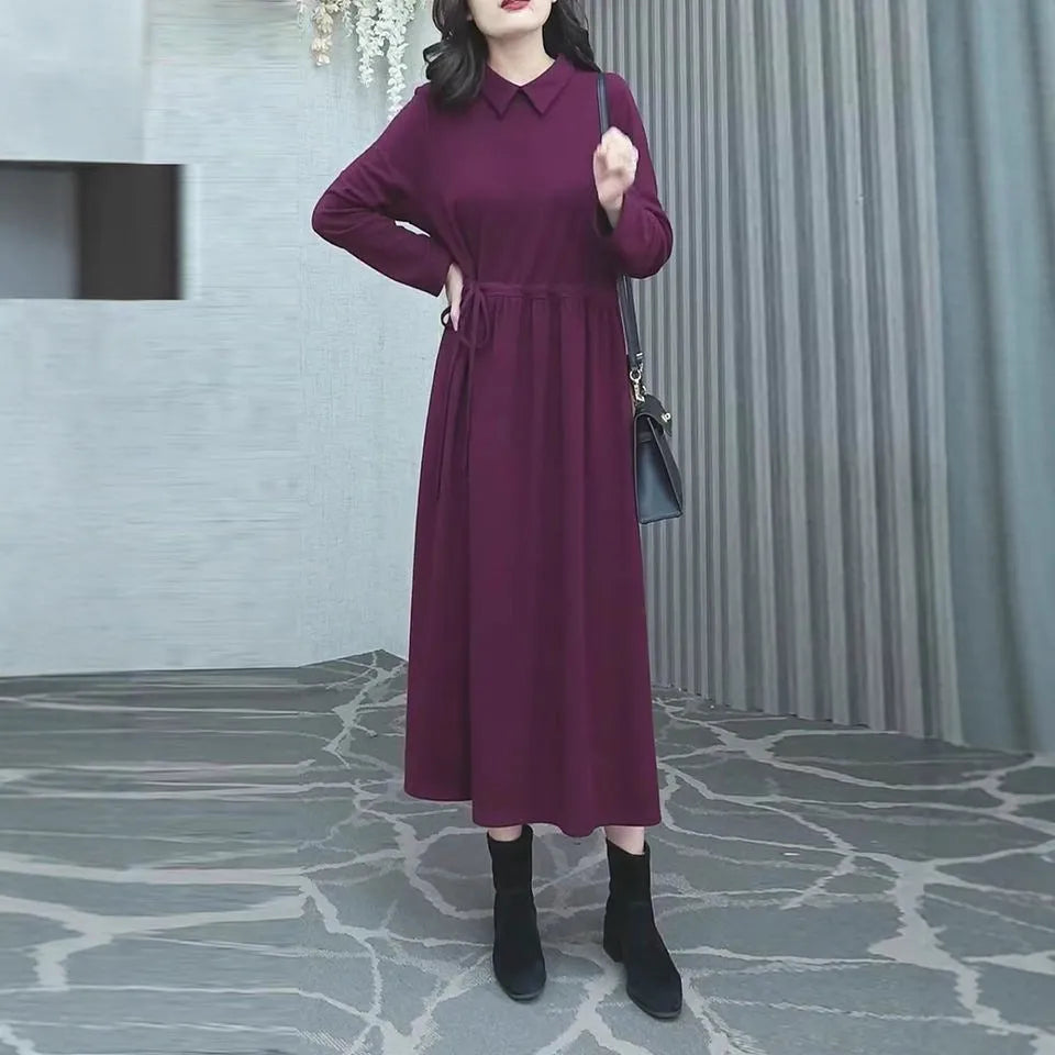 Purplish red plus size women's dress with long skirt and extra long sleeves for urban office wear