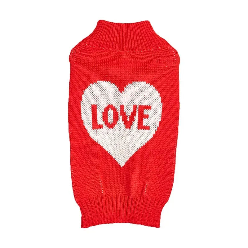 Red love heart design acrylic knit dog sweater for small dogs in size S.