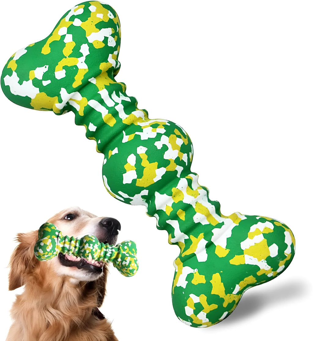 Green and white camouflage pattern natural rubber dog chew toy for large dogs on a wooden floor.