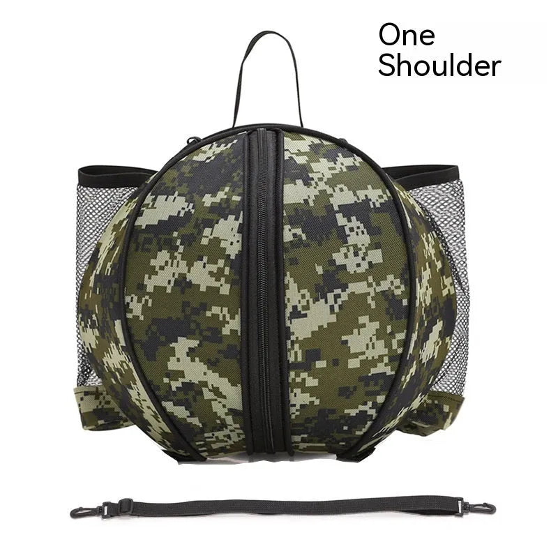 Black Oxford cloth basketball training bag with a single shoulder strap, shown next to a basketball.
