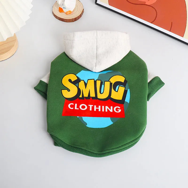 Green cotton dog jumper for winter, shown on a large dog, sized up to 4XL.