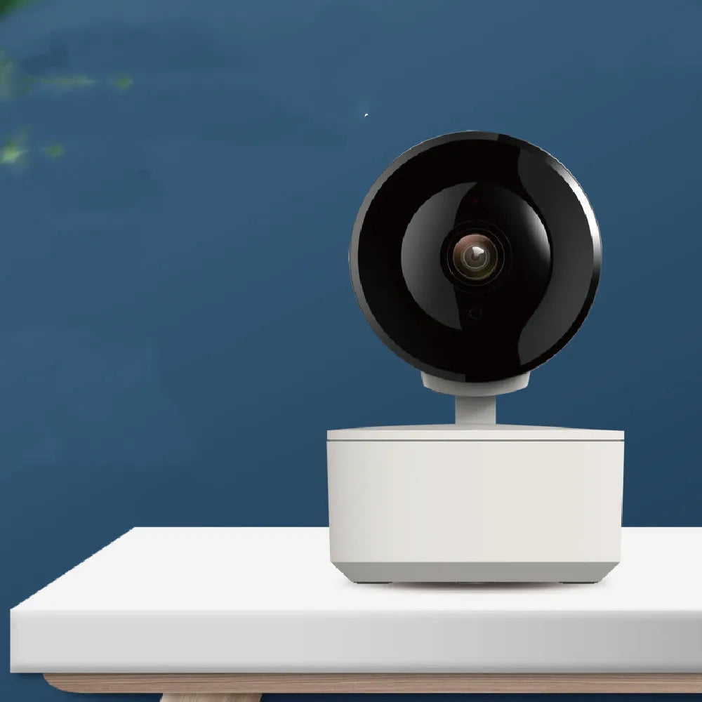 Indoor Wi-Fi security camera with pan-tilt base, shown next to its power adapter