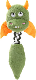 Soft plush dog toy with squeaker, rattle, and rope knot in black, green, or red.