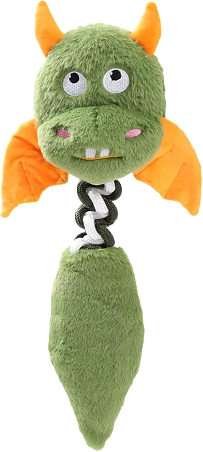 Soft plush dog toy with squeaker, rattle, and rope knot in black, green, or red.