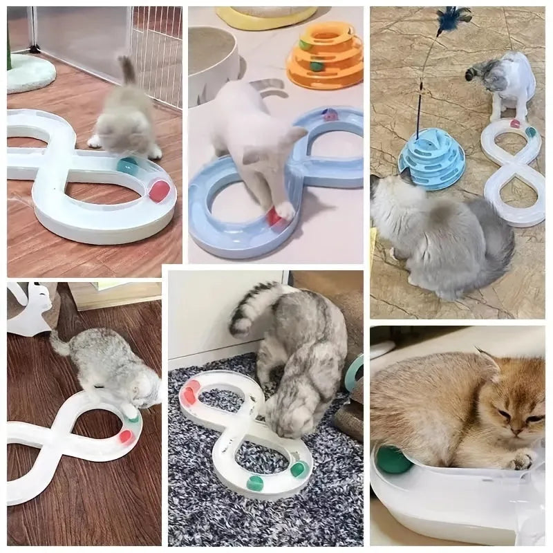 Blue and white circular cat turntable track with four spinning balls and teasing stick for feline play