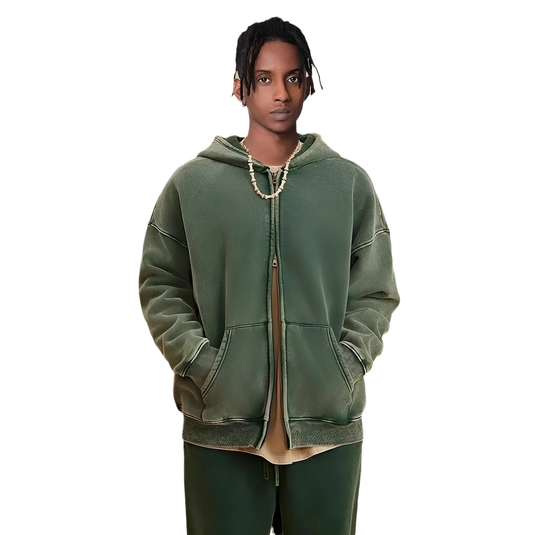 Man wearing a washed black fleece-lined cotton hooded cardigan with a double zipper.