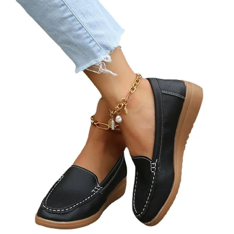 Women's PU leather loafers flats shoes in multiple colours with round toe and rubber sole