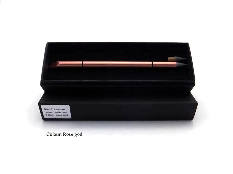 Silver inkless metal pen with spare nib and pen bag on a table.