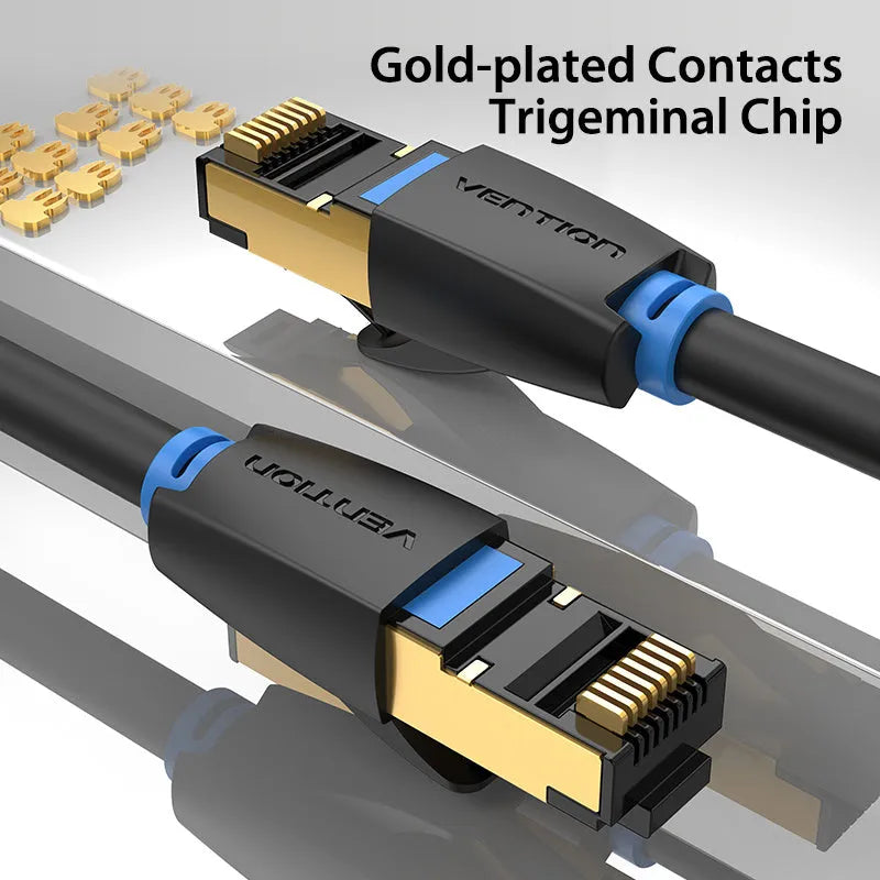 A flat and a round Cat8 Ethernet cable with gold RJ45 connectors, shown in various lengths for home networking.