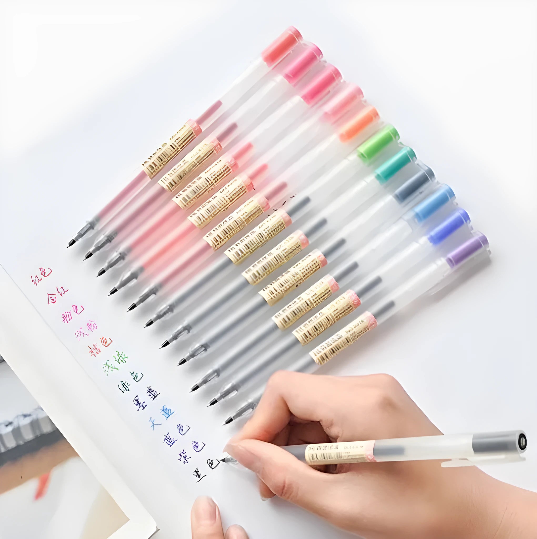 Muji 12-piece gel pen set with 0.5mm fine nibs showing assorted colours